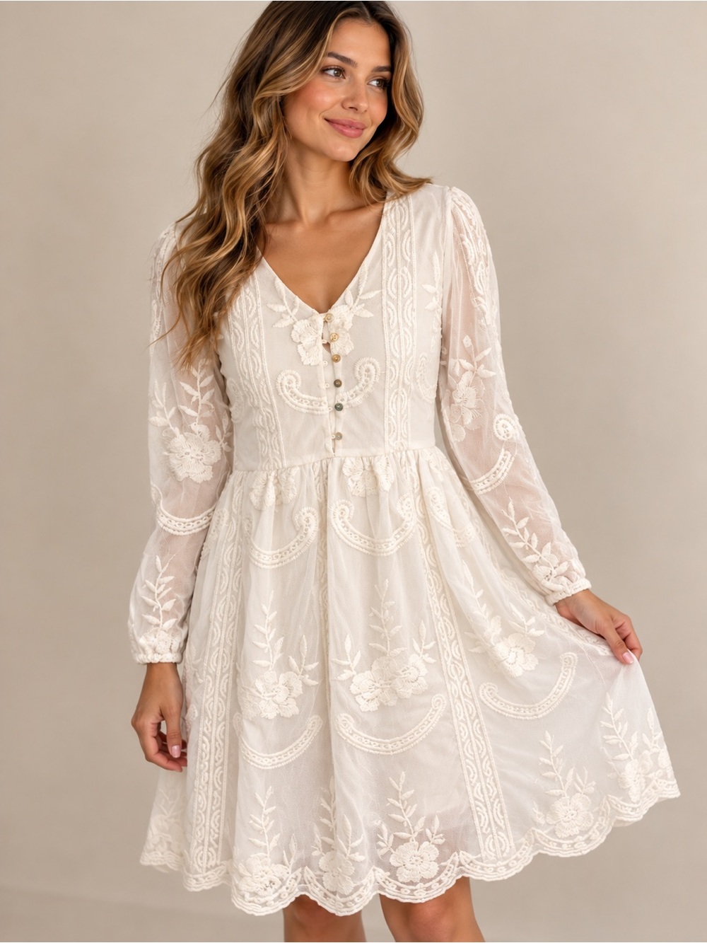 orange creek Ivory Embroidered V-Neck Mini Dress